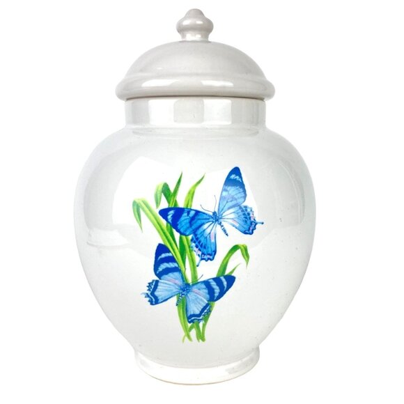 Vtg FTD Ginger Jar Urn Vase w/ Lid Blue Butterfly Cottagecore Storage Trinket - Picture 1 of 8